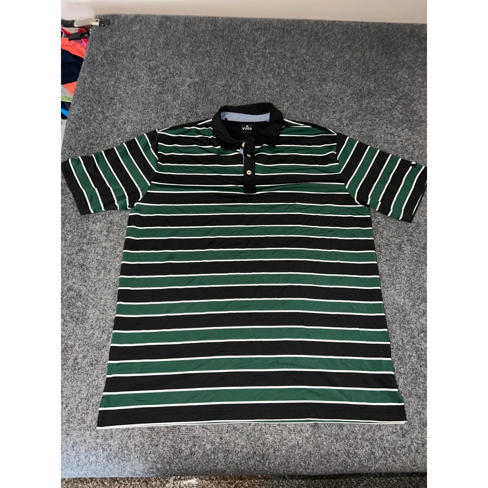 VUGA Mens XL Polo Shirt Green Black Striped Short Sleeve Polyester Spandex